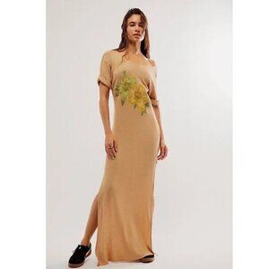 Free People x Vintage Souls Hibiscus Maxi Dress in Tan XS